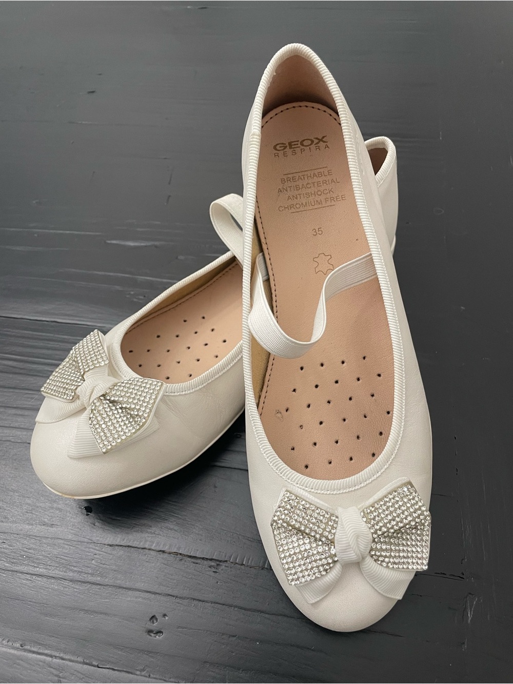 Geox Ivory Plie Ballet Flats with Rhinestone Bow
